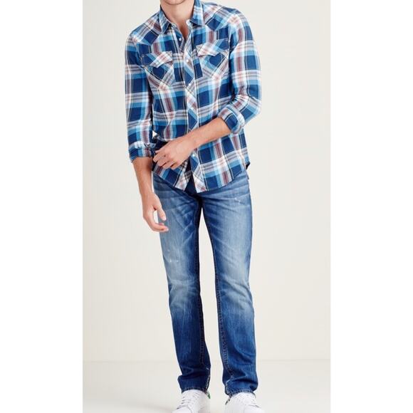 True Religion Skinny Flap Orange Stitch Jeans Mens 33 X 33 Red Distressed Thrash - Picture 3 of 16